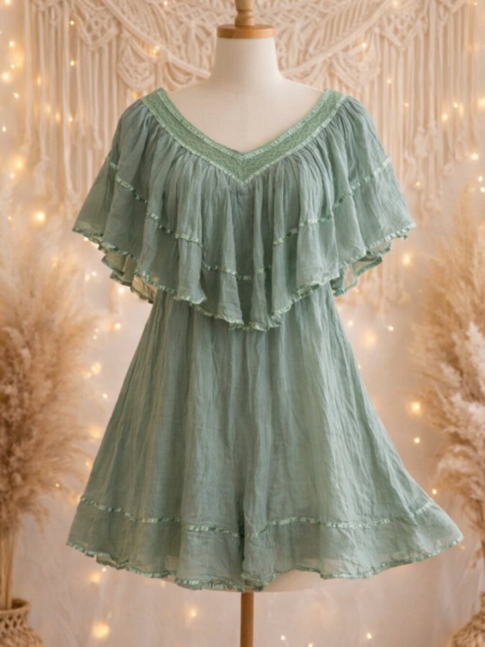 Love Spray Sage Oversized Sheer Airy Tunic Dress L Boho Cottagecore Festival